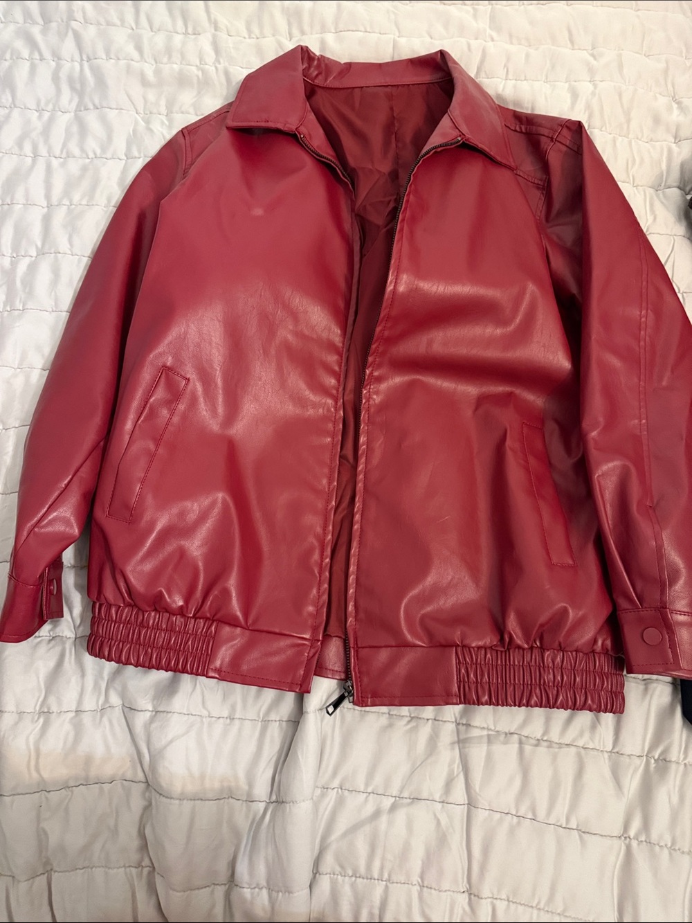Amazon Women's Red Faux Leather Bomber Jacket